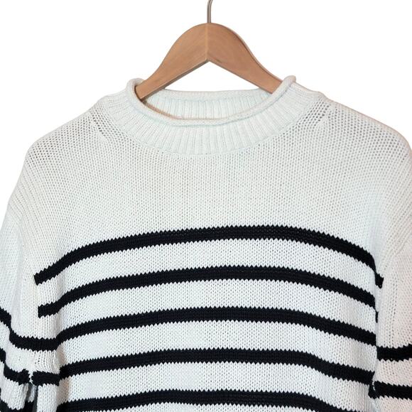J. Crew Heritage Cotton Rollneck Stripe Sweater Black White M Casual Preppy - Picture 3 of 13